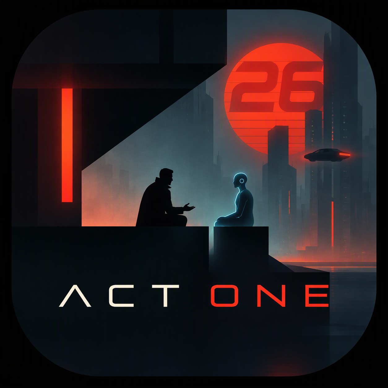 ACT ONE artwork showing an actor and a digital scene partner against a glowing futuristic city